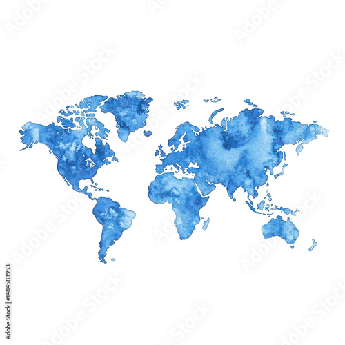 Blue watercolor world map illustration on transparent background