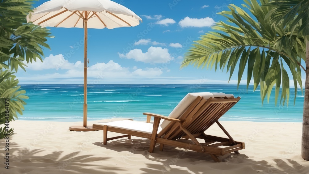 Obraz premium Romantic Beach Sunset with Lounge Chairs and Umbrella – Tropical Oceanfront Escape