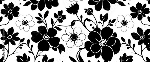 Elegant minimalist black and white floral silhouette seamless pattern, botanical, design element