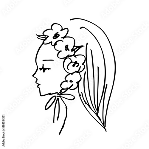 花に包まれた少女の横顔 ー 繊細で愛らしい手描き線画