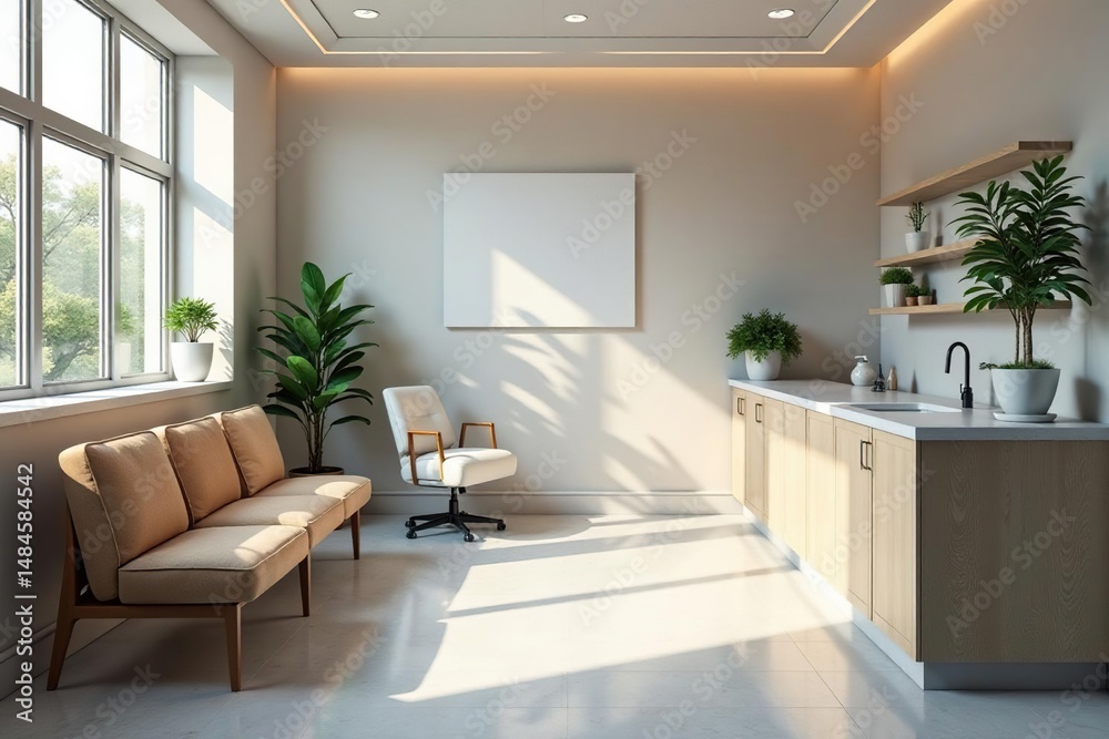 Fototapeta premium Modern dentist office waiting area with comfortable seating and natural light , space, equipment