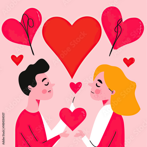 Romantic couple exchanging heart gift surrounded by floating red love hearts vector illustration minimal flat style Valentine's Day concept