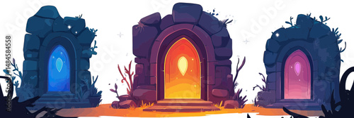 Mystical magical stone arch doorways glowing with colorful light portals fantasy gateway ancient passage surreal ethereal fairy tale vector illustration