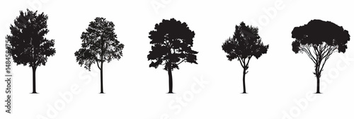 Silhouettes of five different tree types with distinct shapes and foliage in minimalist flat black vector style on white background for nature and environment design