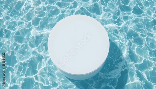 Empty White Circle Podium on Transparent Water Texture with Sunlight Splashes for Product Presentation and Cosmetic Mockup