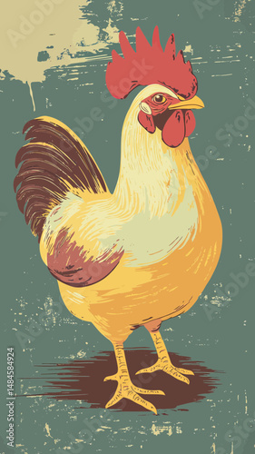 Retro vintage style rooster illustration with detailed feathers and bold colors on textured background for farmyard poultry design