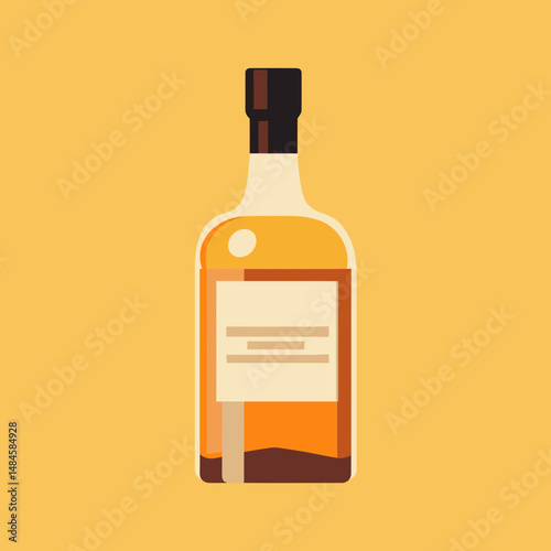 Flat minimalist vector illustration of whiskey bottle with amber liquid and blank label on solid warm background for drink branding design