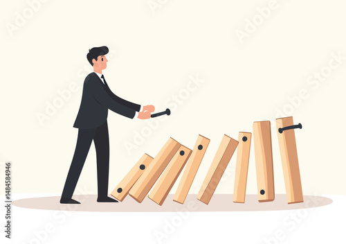 Businessman stopping falling dominoes with nail to prevent chain reaction collapse and protect business continuity concept flat vector illustration