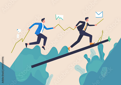 Businessmen competitive race ascending upward slope with financial charts and growth symbols in minimalist flat vector illustration