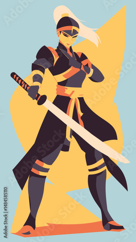 Confident female warrior in black and gold battle armor holding katana sword standing in dynamic pose flat minimalist vector illustration