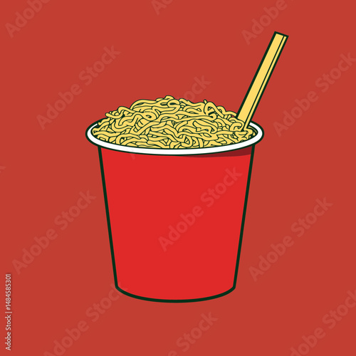 Instant noodles in red cup with wooden chopsticks flat minimalist vector illustration on solid background for quick Asian food concept design