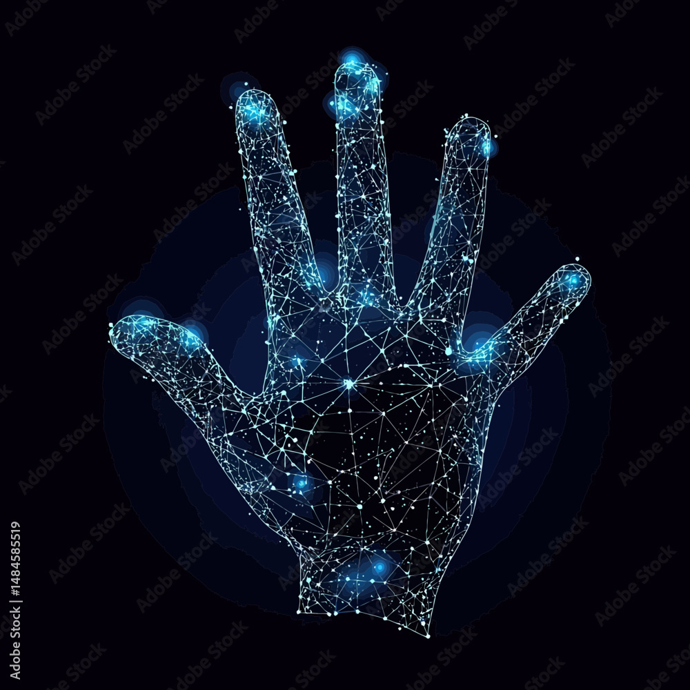 Digital wireframe polygonal hand glowing with blue nodes and lines on dark background futuristic technology concept Digital wireframe polygonal hand glowing with blue nodes and lines on dark background futuristic technology concept