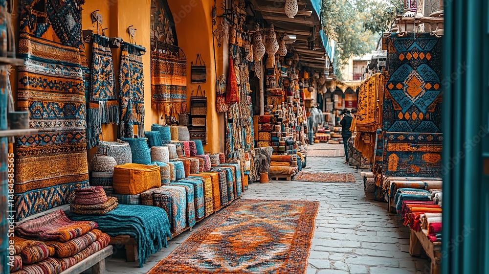 Obraz premium A vibrant marketplace bustling with activity, filled with colorful textiles, exotic spices, and handcrafted goods The air is alive with the sounds of bartering and laughter