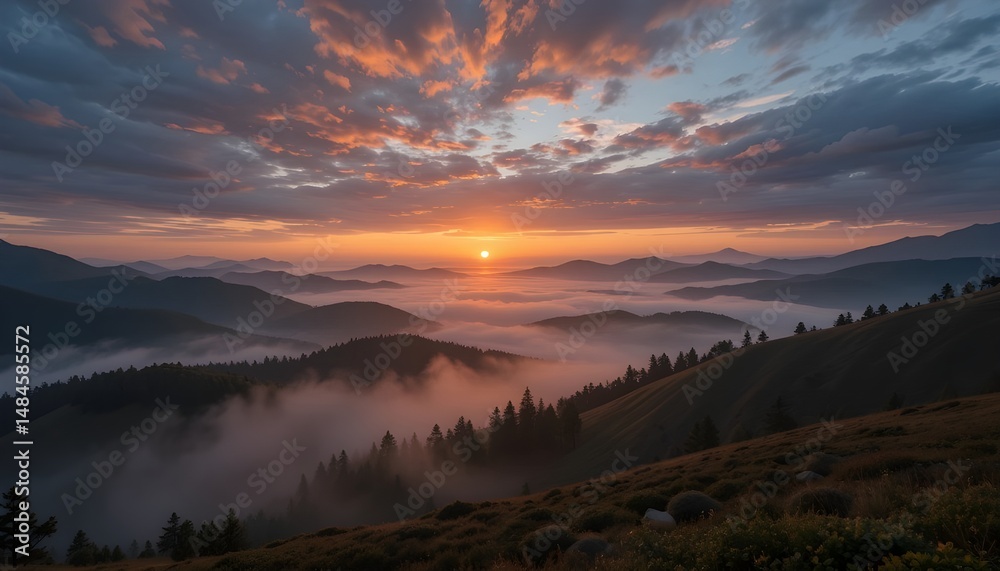 Fototapeta premium Landscape Background with Sunrise Over Misty Mountains Dramatic Sky Rolling Hills and Serene Twilight Nature Scene