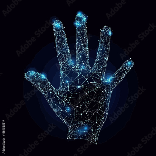 Digital wireframe polygonal hand glowing with blue nodes and lines on dark background futuristic technology concept