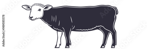 Minimalist black line art side view silhouette of domestic grazing sheep with wool coat isolated on white background vector illustration