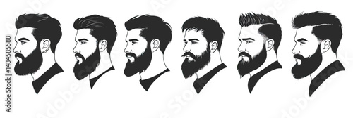 Collection of side profile male portraits with various beard styles and modern haircuts in black silhouette minimal vector design for grooming and fashion concepts
