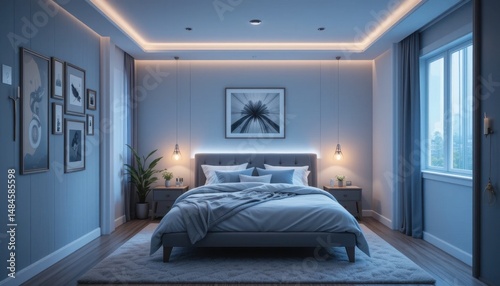 cozy bedroom with soft lighting and calming colors promoting sleep wellness photo
