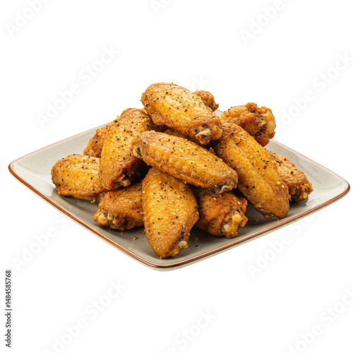 Golden-brown chicken wings served on a plate, ready for a delicious meal, with a rustic kitchen background