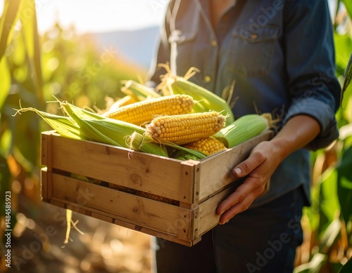 hands holding a wooden crate of freshly harvested sweet corn, some still covered in its green husk, in a sun-kissed cornfield.