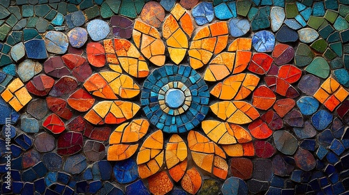 A vibrant mosaic of colorful tiles forms an intricate pattern, reflecting light and creating a dazzling visual effect, a testament to artistic skill and craftsmanship