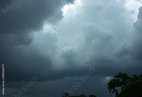 Dark, brooding monsoon clouds unleashing torrential rain, design, dramatic