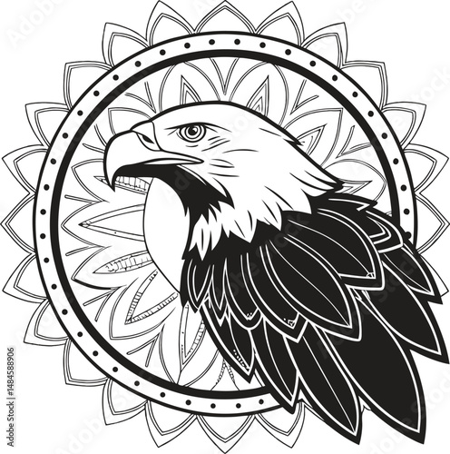 Bold eagle head framed by intricate mandala design.