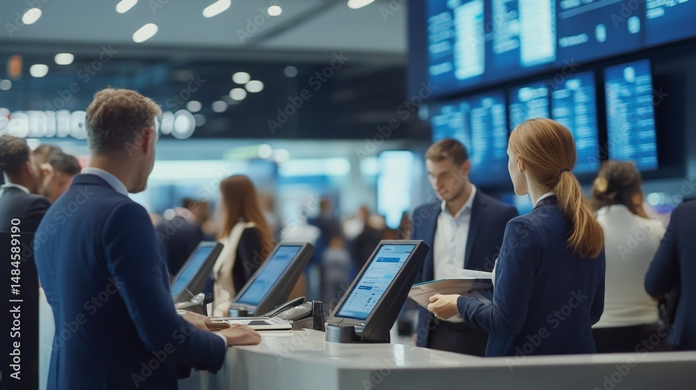 Obraz premium Airport Check-in Desk with Busy Passengers