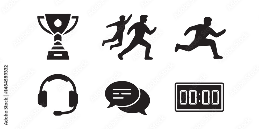 Naklejka premium Esports Icon Set Vector Black Silhouettes of Trophies Teams Headsets Live Chat and Scoreboards