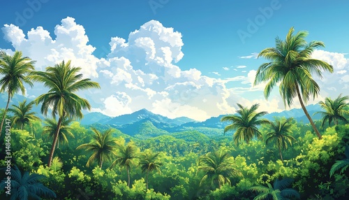 Tropical landscape view with palm trees and mountains