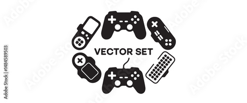 Gaming Controller Icon Set Vector Black Silhouettes of Console Pads Joysticks Handheld Devices and Keyboards