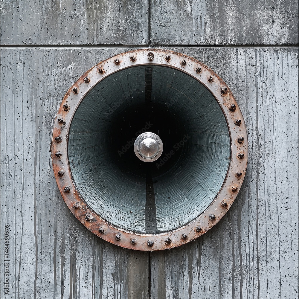 Naklejka premium Silver Rooftop Rain Funnel on Weathered Concrete Wall