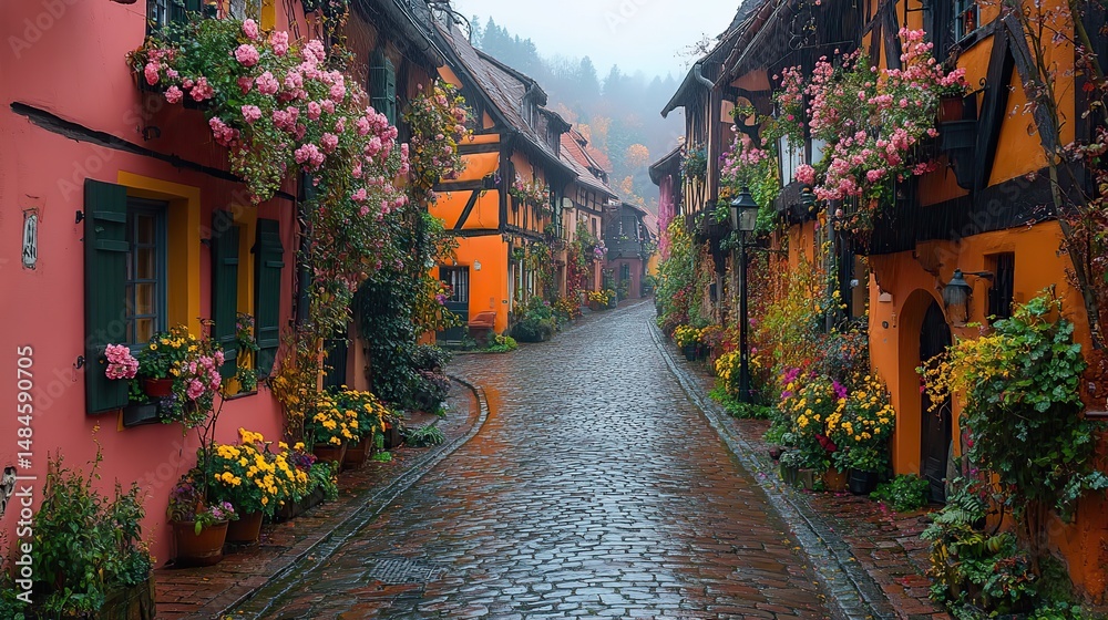 Fototapeta premium A winding cobblestone street in an old European town, lined with charming buildings and flower-filled balconies