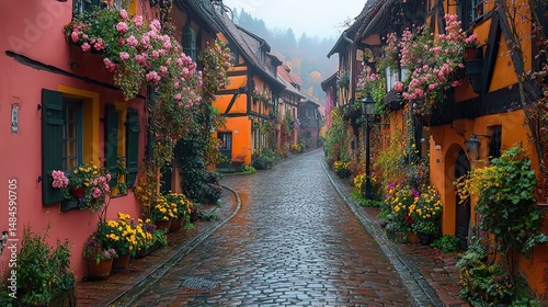 A winding cobblestone street in an old European town, lined with charming buildings and flower-filled balconies