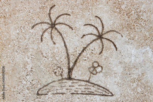 An exquisite engraving of palm trees on a serene sandy island, showcasing natures breathtaking beauty