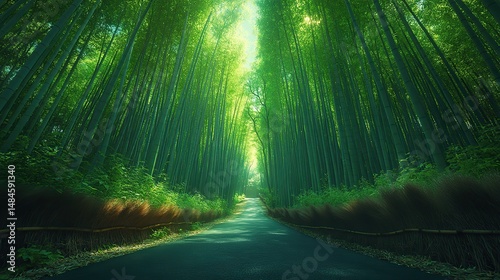 A winding path disappears into a dense bamboo forest, the tall stalks swaying gently in the breeze, creating a sense of tranquility and seclusion