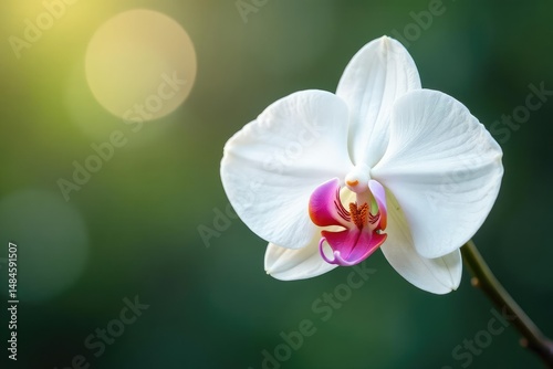Delicate white orchid blossom, pristine background , peaceful, detail, orchid