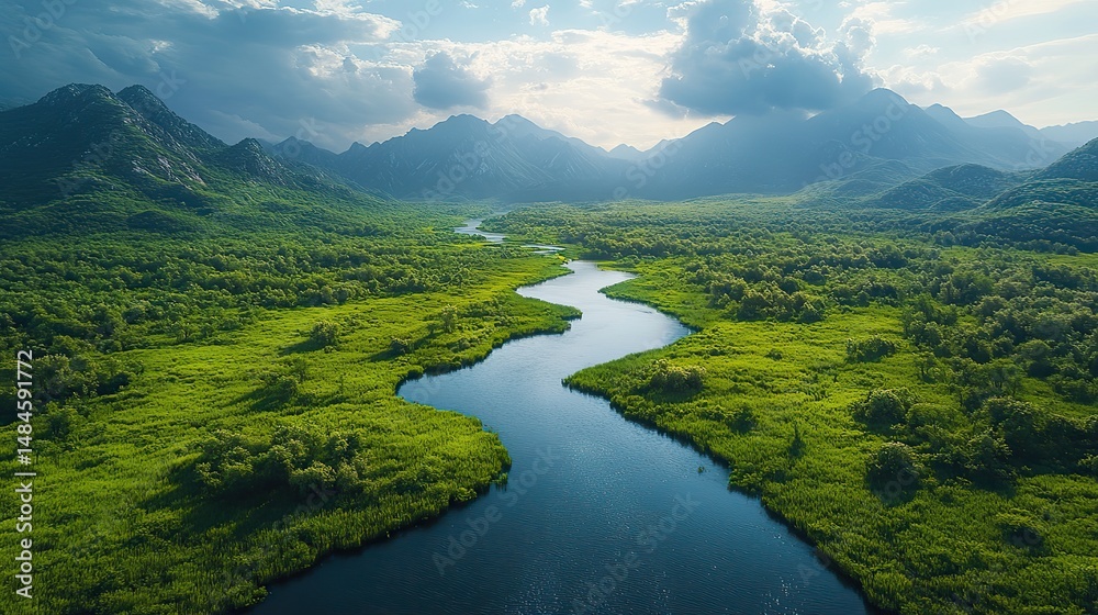 Fototapeta premium A winding river flowing through a lush valley, reflecting the surrounding landscape like a mirror A vital artery of nature, sustaining life and beauty