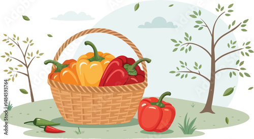 Capsicum in wicker basket in natural background vector design, Capsicum illustration vector design