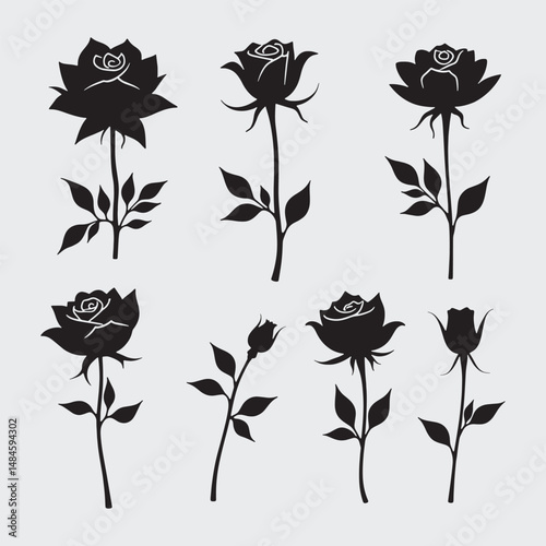 Set of decorative rose with leaves. Flower silhoutte. Vector illustration