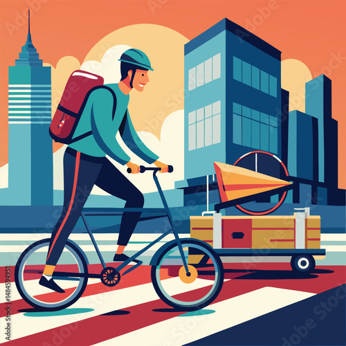 A cyclist with a backpack and helmet rides confidently through a pedestrian crosswalk, pulling a bike trailer