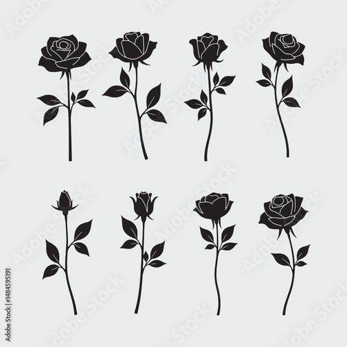Set of decorative rose with leaves. Flower silhoutte. Vector illustration