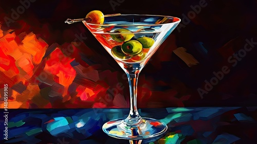 Close-up of a martini glass filled with a clear cocktail, featuring two green olives with red pits at the bottom.