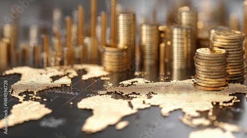 A conceptual 3D finance background showcasing worldwide economic trends foreign reserves and investment growth
