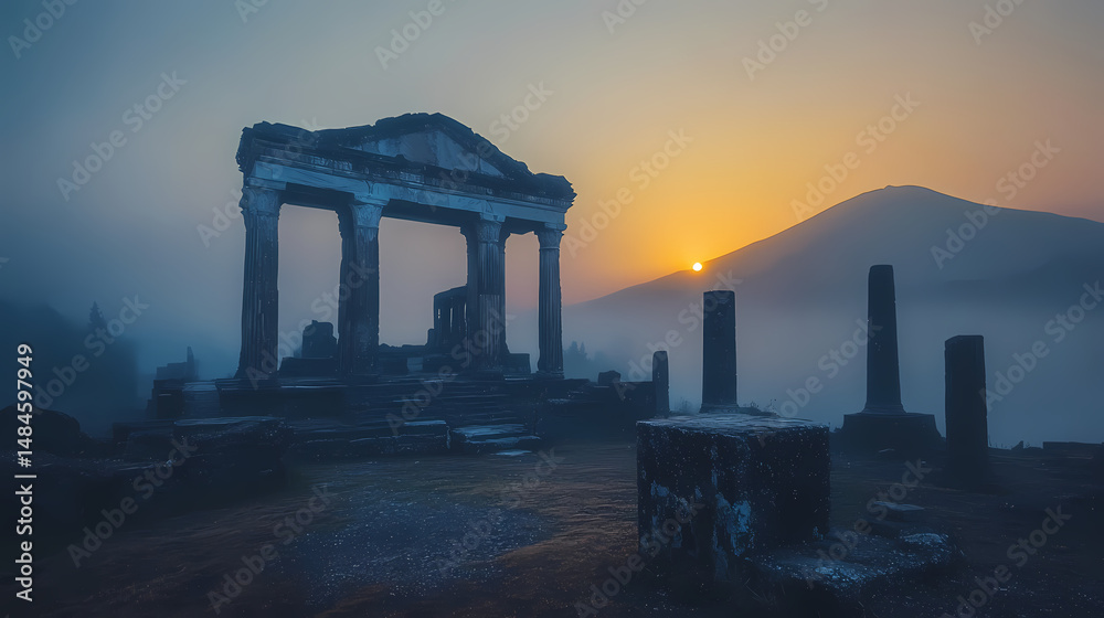 Fototapeta premium Misty sunrise over ancient temples in the mountains. [Volcanic Temples] | Seared Dome | burnt arch. Illustration