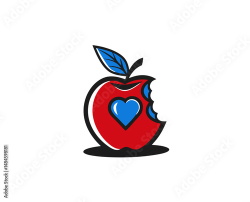 Red apple with a bite and heart symbol 