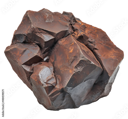 Natural iron ore rock with reddish-brown rust coloration and dark surface isolated on transparent background