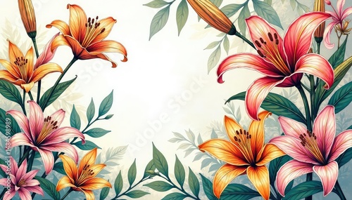 Intricate line art lilies and foliage, geometric layout, background, texture