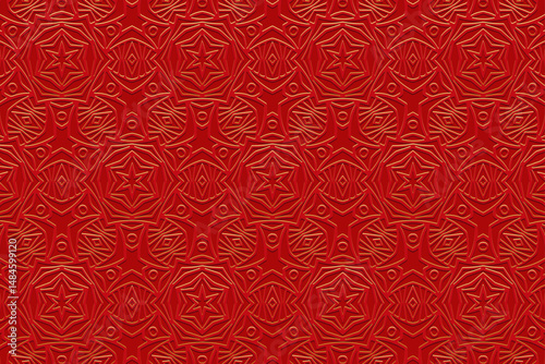 Geometric red background, tribal cover design, ethnic banner. Artistic 3D pattern with gold, boho style. Relief ornaments, arabesques, mandala. Motifs of the East, Asia, India, Mexico, Aztec, Peru.