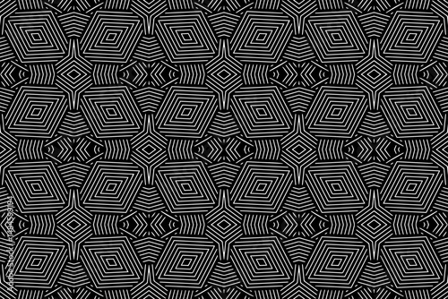 Geometric ethnic creative pattern of lines on a black background isolated. The template is suitable for laser cutting of metal, wood carving, coloring. Stencil for carving, paper design, stained glass